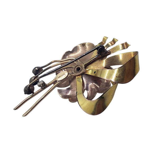 Vintage 1/20 12K Gold Filled Floral Brooch 3D Blue Rhinestones Two Harry Iskin - Picture 5 of 10